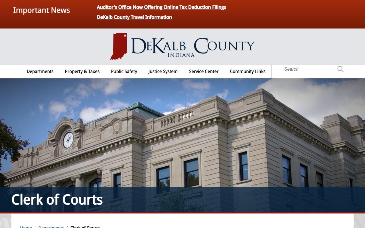 DeKalb County clerk department page showing dissolution of marriage forms and resources