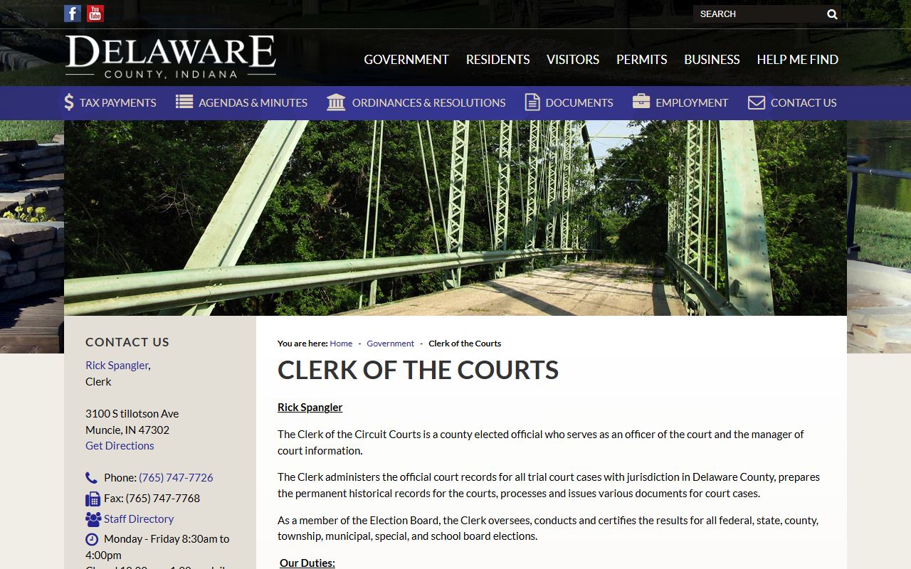Delaware County clerk office website showing dissolution of marriage services in Muncie