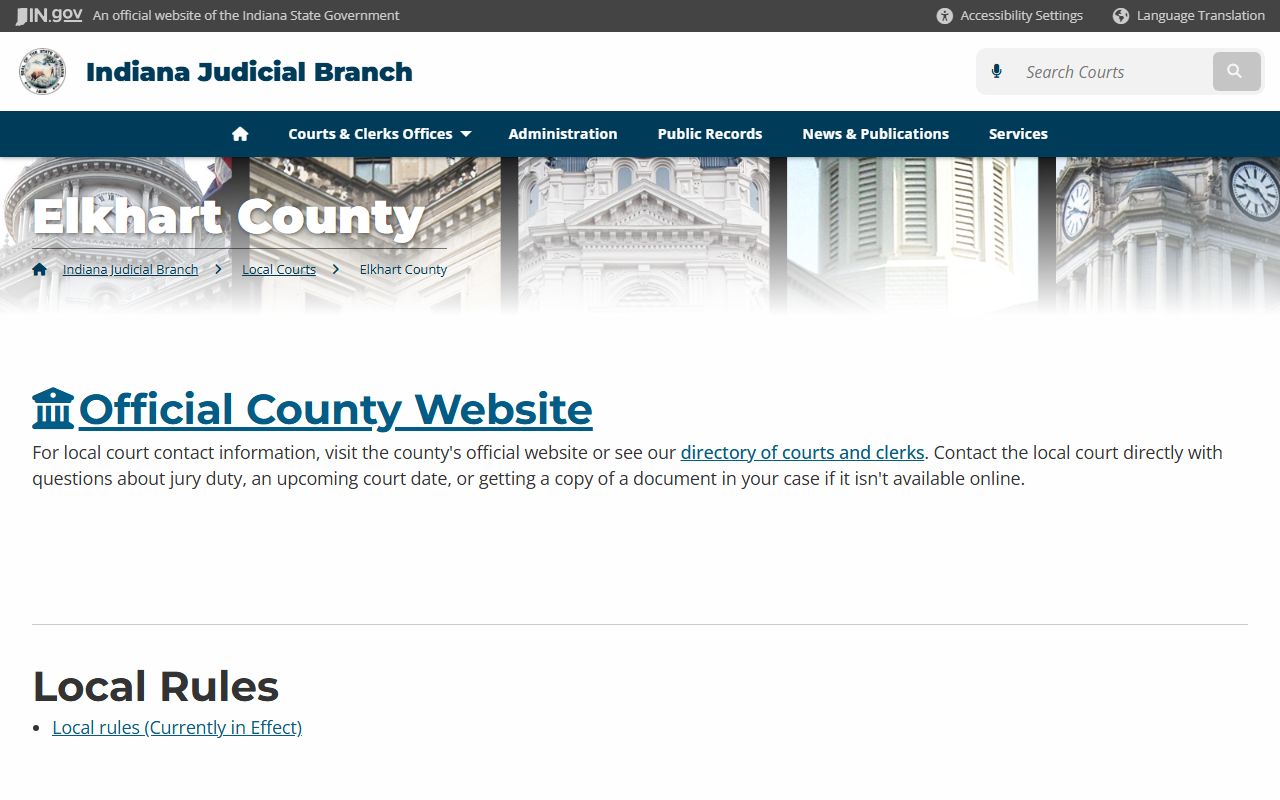 Indiana courts local page showing Elkhart County dissolution of marriage case records in Goshen