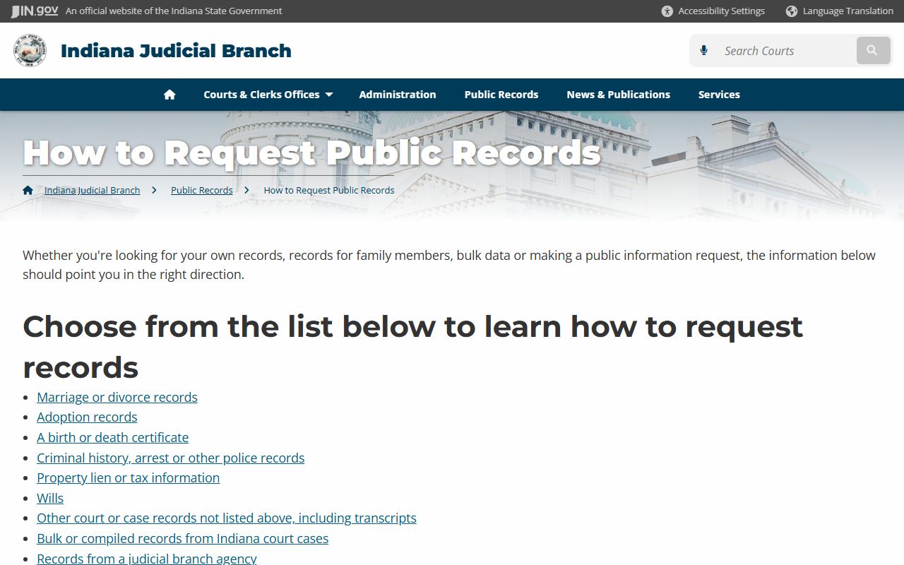 Indiana courts how to request public records page for dissolution of marriage filings