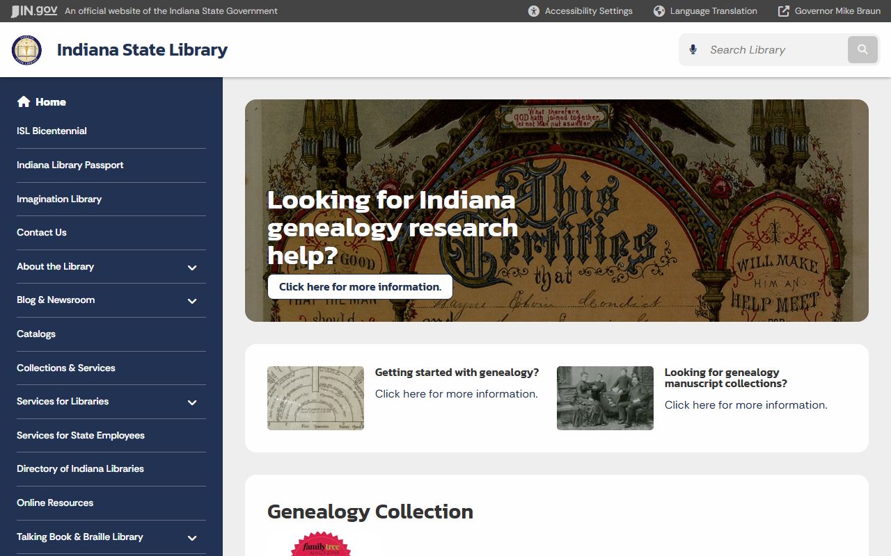 Indiana State Library genealogy division for historical dissolution of marriage records research