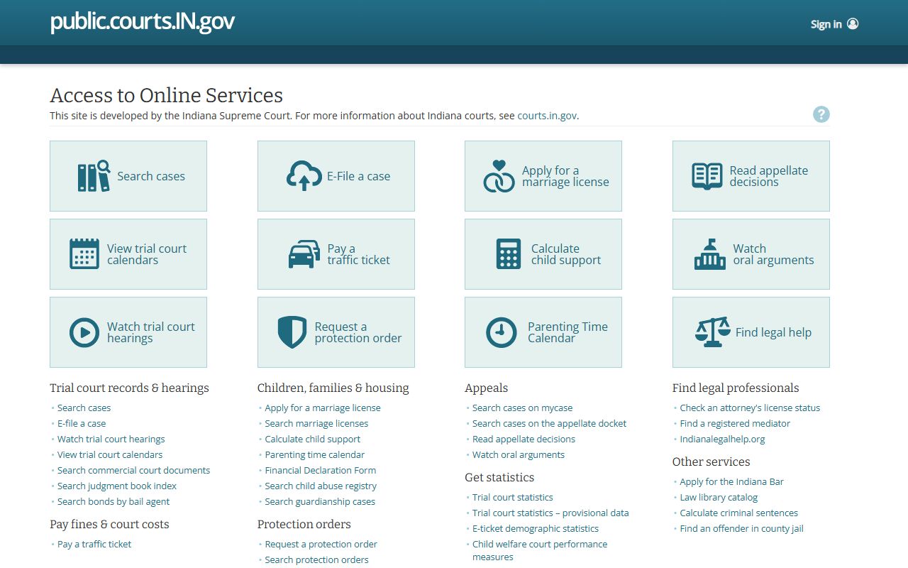 MyCase Indiana public court portal for searching dissolution of marriage cases
