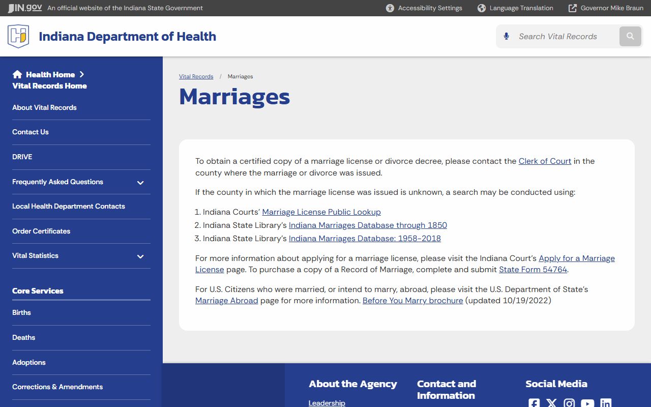 Indiana State Department of Health vital records page for dissolution of marriage records